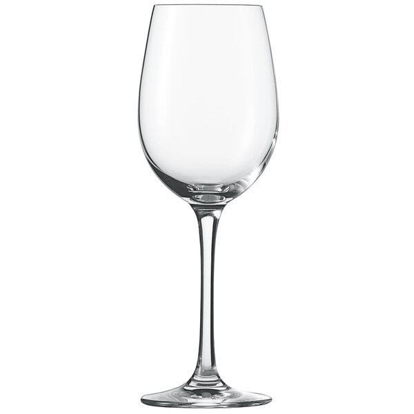 A close-up of a clear Schott Zwiesel Classico red wine glass with a long stem.