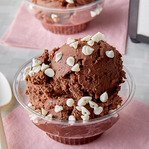 A bowl of chocolate ice cream with Yogurt Chips Baking Chips on top.