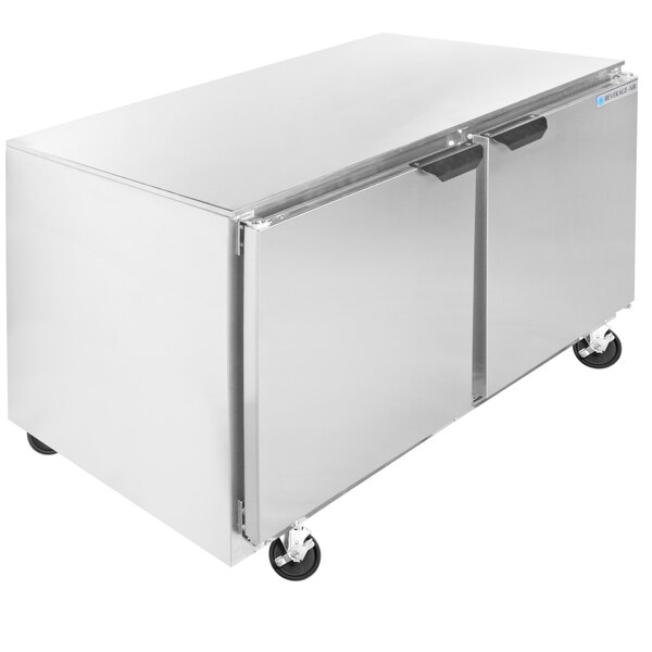 A silver Beverage-Air undercounter refrigerator/freezer with two doors on wheels.