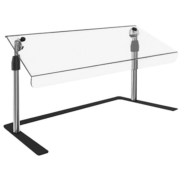 A clear table with a white steel sneeze guard with black trim.