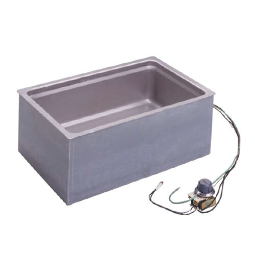 A rectangular grey sink with wires inside.
