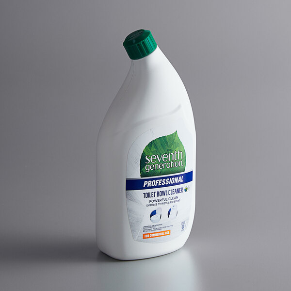 A white bottle of Seventh Generation Emerald Cypress and Fir Toilet Bowl Cleaner with a green lid and label.