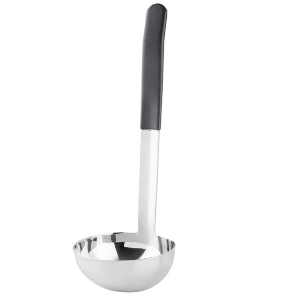 A Tablecraft stainless steel ladle with a black handle.