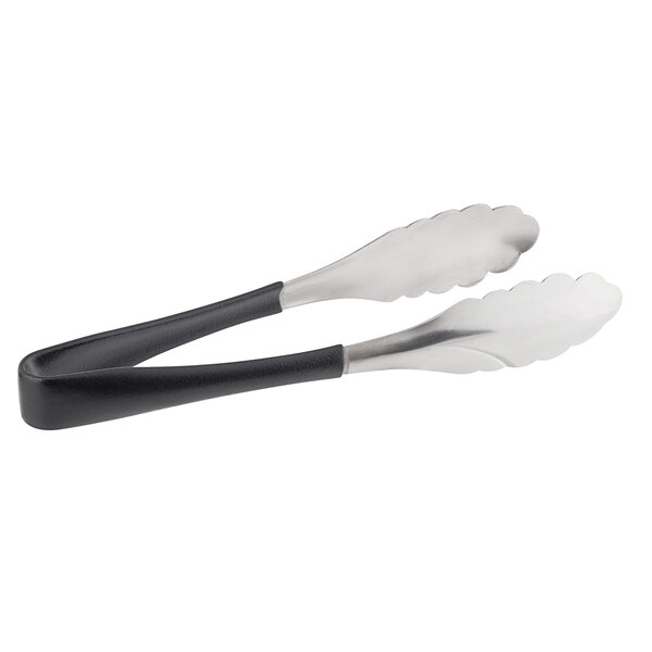 Two Tablecraft stainless steel tongs with black handles.