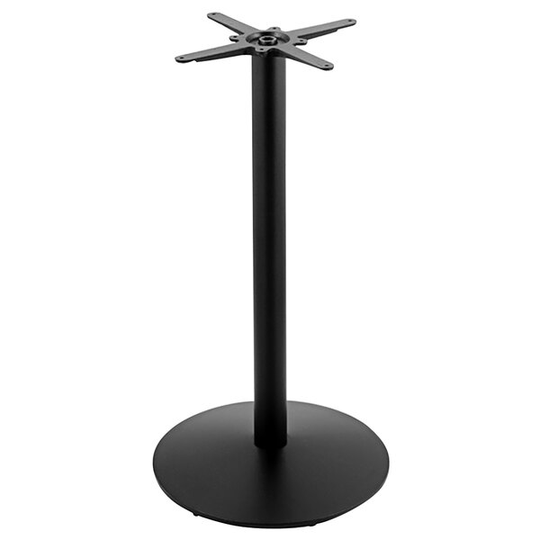 A black metal Holland Bar Stool outdoor table base with a round metal stand.