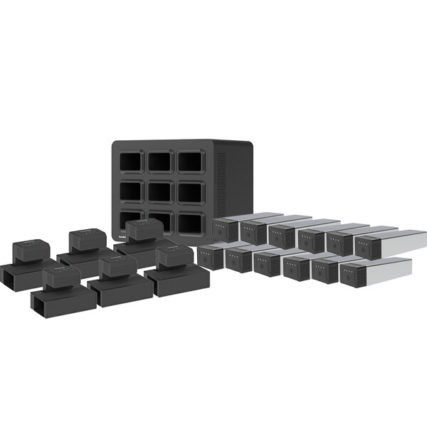 A black and gray rectangular box with black and gray rectangular pieces inside.
