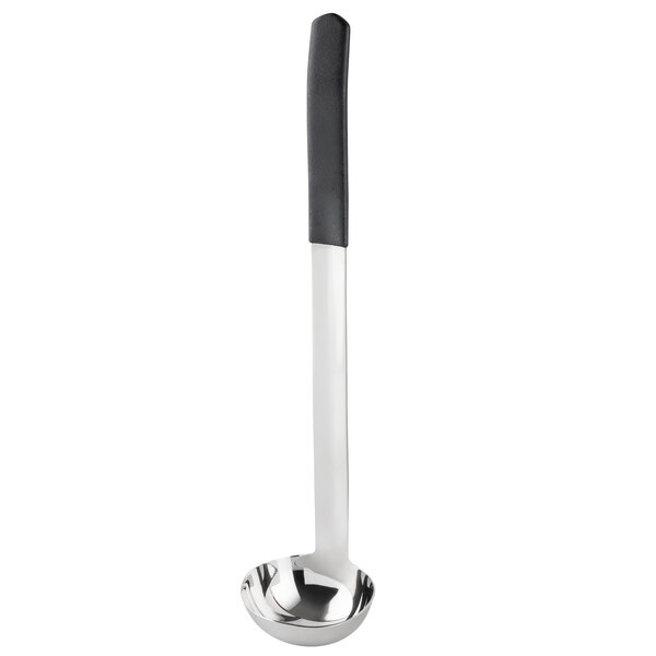 A Tablecraft stainless steel ladle with a black handle.