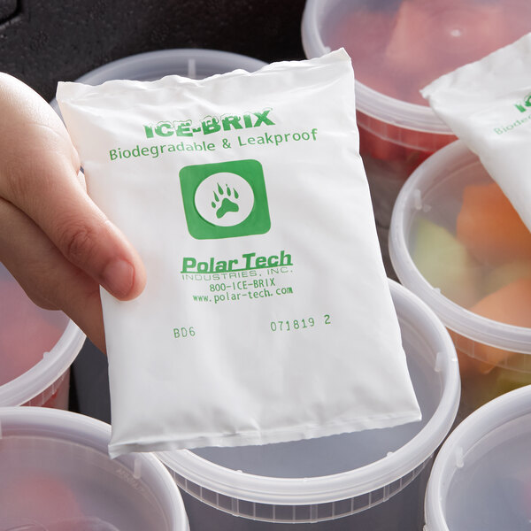 A hand holding a white package of Polar Tech biodegradable cold packs.