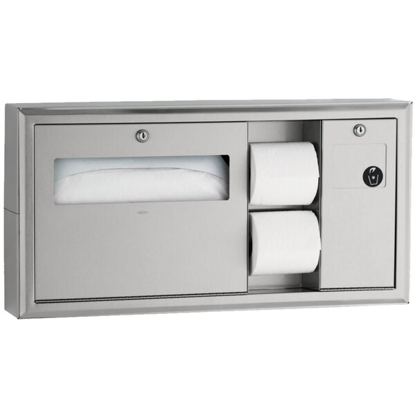 A Bobrick stainless steel toilet paper dispenser with two rolls.