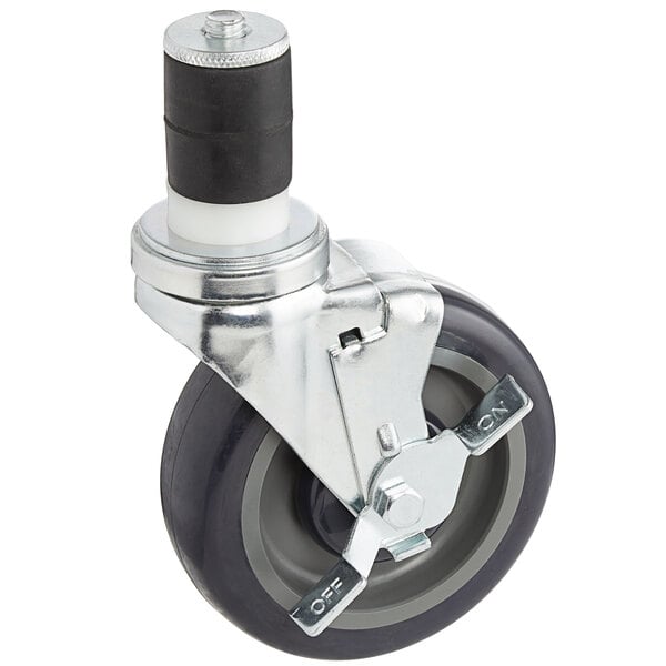 A black and white 5" Polyurethane Work Table and Equipment Stand Caster with a rubber tire and brake.