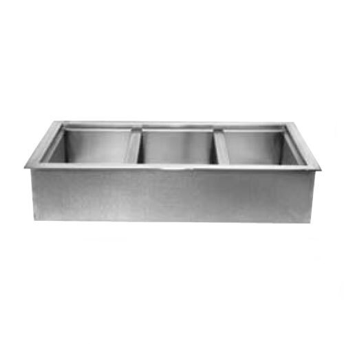 A Wells drop-in cold food well with four compartments in a stainless steel counter.