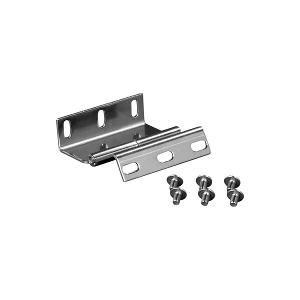 A stainless steel hinge bracket with screws and nuts.