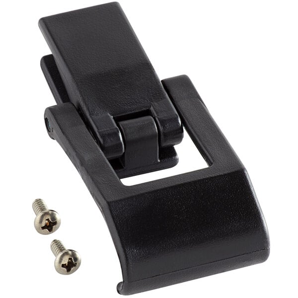 A black plastic latch with screws for a CaterGator food pan carrier.