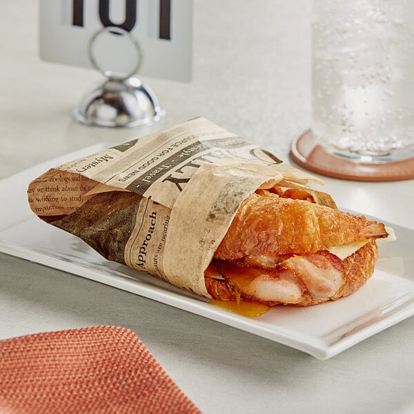A sandwich wrapped in Choice newspaper deli wrap on a plate.