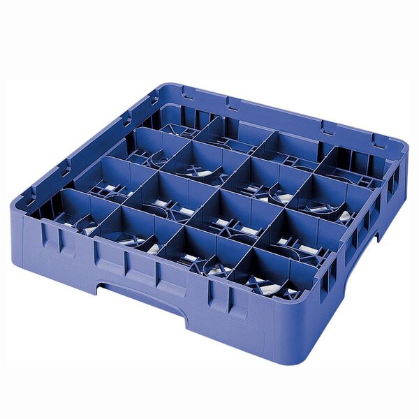 A blue plastic Cambro glass rack with 16 compartments and 2 extenders.