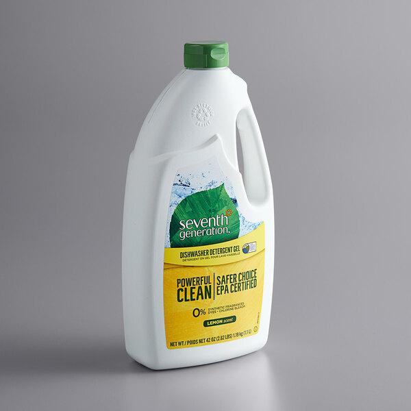 A white bottle of Seventh Generation Lemon Dishwasher Detergent Gel with a green cap.