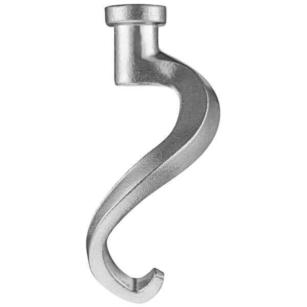 A close-up of a silver Waring dough hook with a curved end.