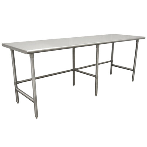 An Advance Tabco stainless steel work table with open base legs.