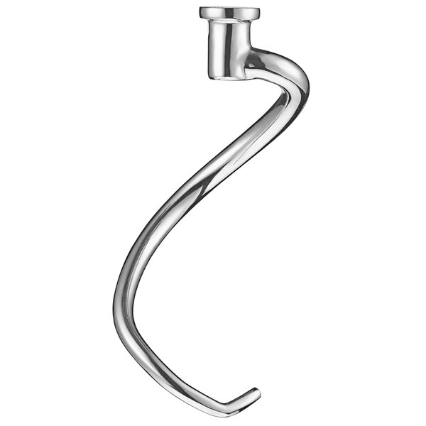 A stainless steel curved metal dough hook for a Waring mixer.