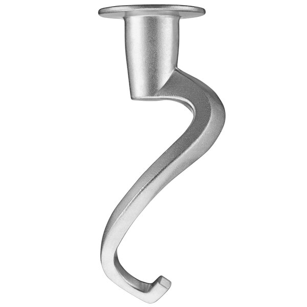 A close-up of a stainless steel dough hook with a curved end.