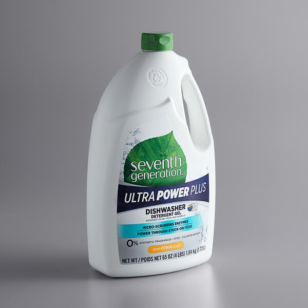 A white bottle of Seventh Generation Ultra Power Plus Citrus Dishwasher Detergent Gel.