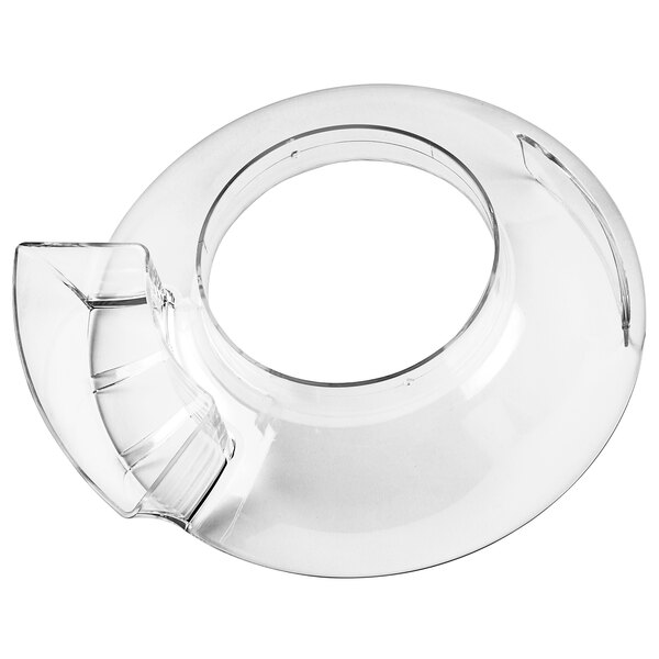A clear glass splash guard with a hole and handle.