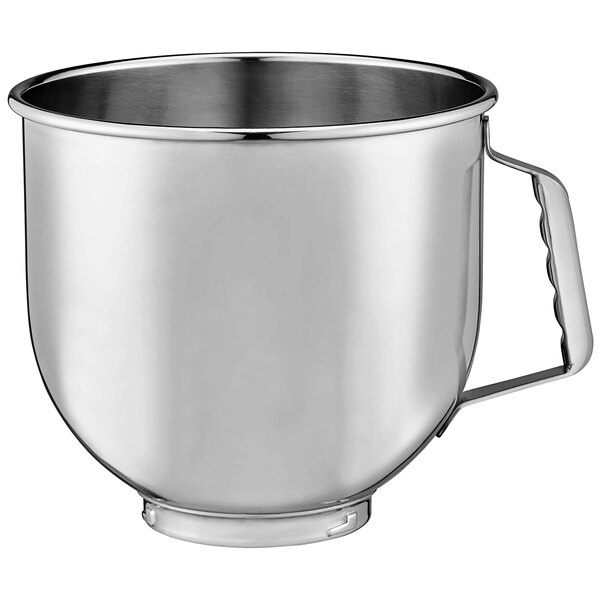 A stainless steel bowl with a handle.