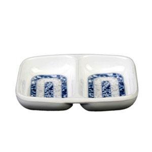 Two blue and white rectangular Thunder Group sauce dishes.