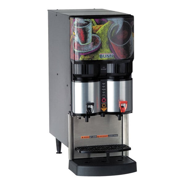 A Bunn liquid coffee dispenser with two connectors.