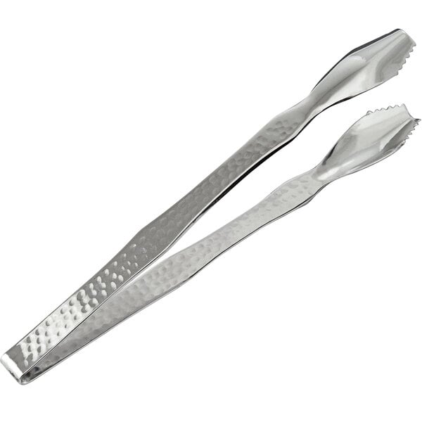 A pair of stainless steel tongs with a curved tip and hammered finish.