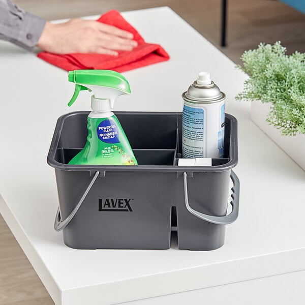 Lavex 11 1/2" x 9" Gray Plastic 4-Compartment Cleaning Caddy
