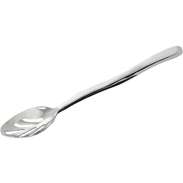 A slotted stainless steel serving spoon with a hammered finish and a long handle.