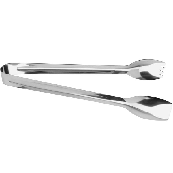 A close-up of a pair of stainless steel tongs with a mirror finish.