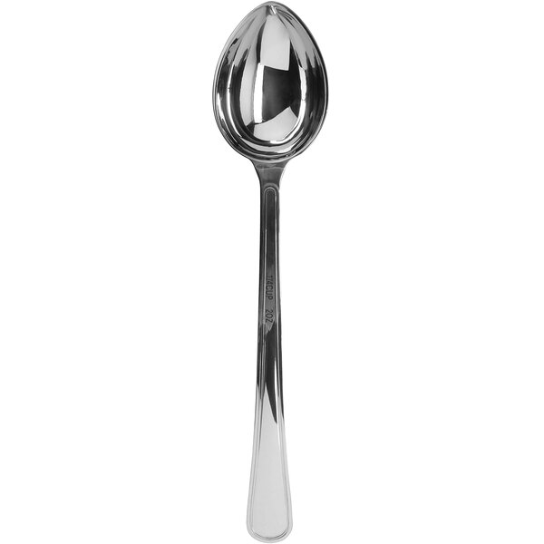 A silver stainless steel spoon with a handle and a bowl.