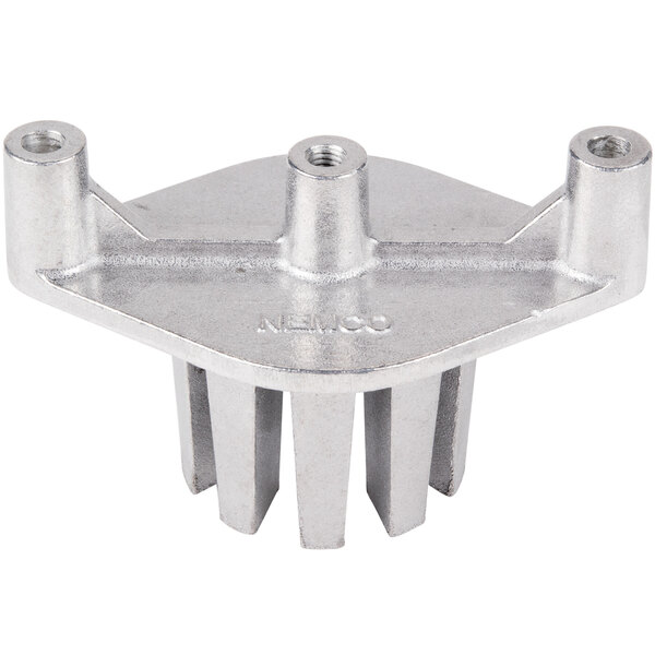 A silver metal Nemco 55434-10 push block with four holes.
