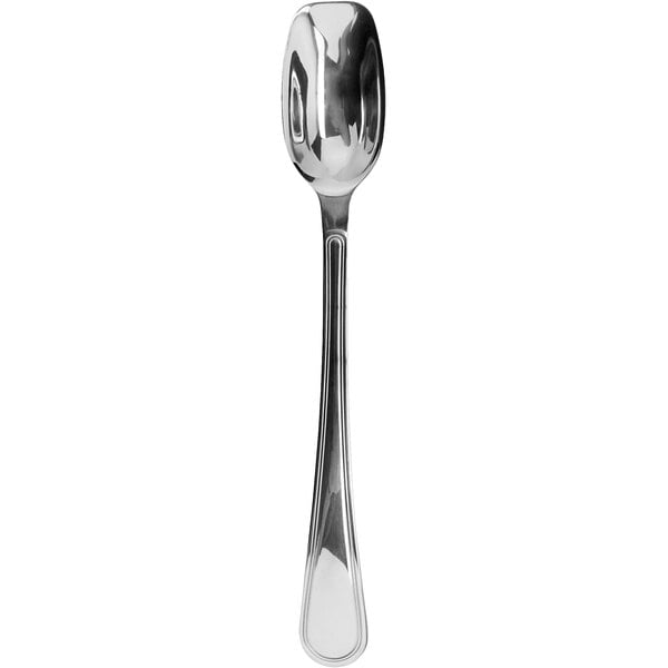 A silver stainless steel scoop spoon with a mirror finish.