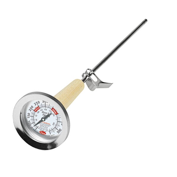 A close-up of a Cooper-Atkins Kettle Deep Fry Probe Thermometer with a metal and wooden handle.