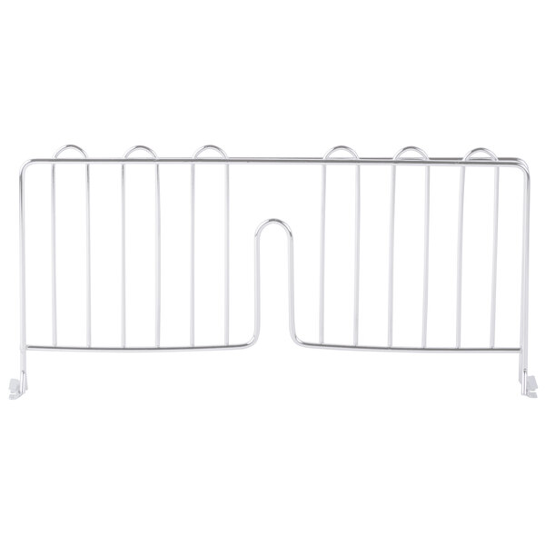 A Metro stainless steel wire shelf divider on a white wire rack.
