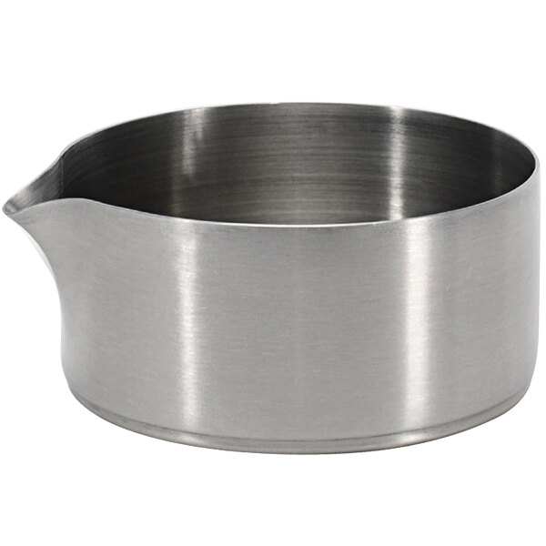A silver metal pot with a spout.