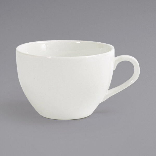 A white Front of the House Catalyst Seattle porcelain cup with a handle.