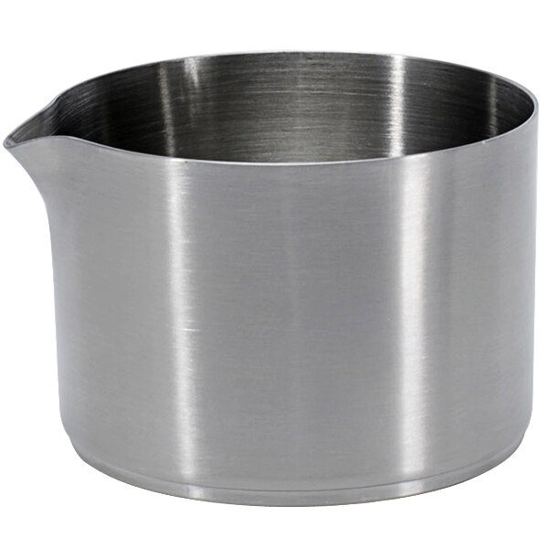 A silver pot with a handle and spout with a brushed stainless steel surface.