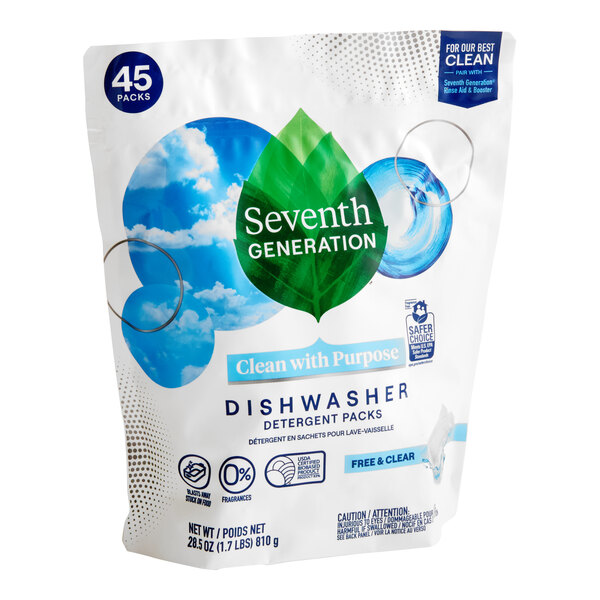 A white plastic bag of Seventh Generation dishwasher detergent packs with blue and green labels.