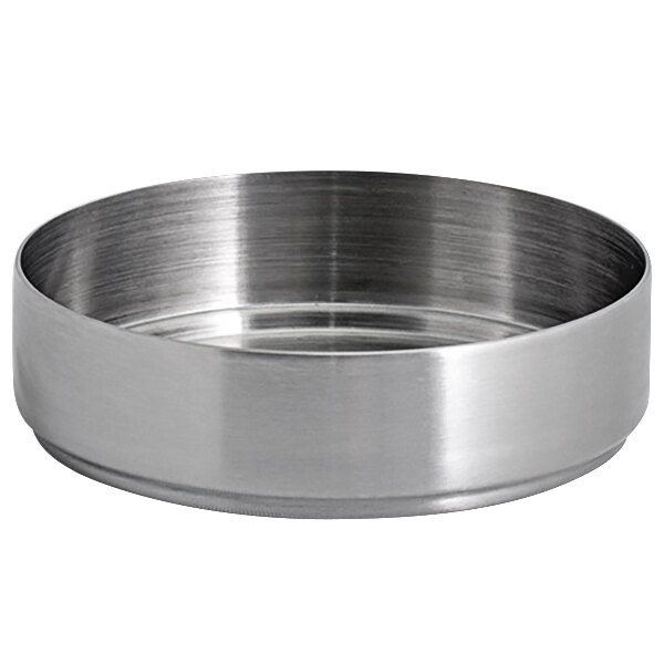 A close-up of a brushed stainless steel Front of the House Soho ramekin.