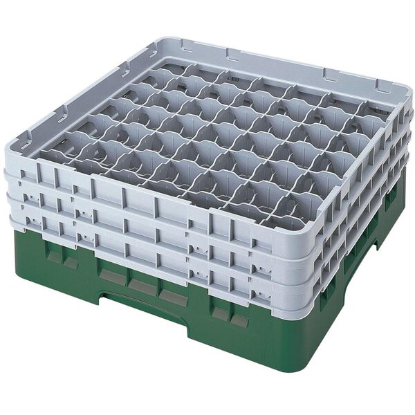 A green Cambro glass rack with 6 white extenders.