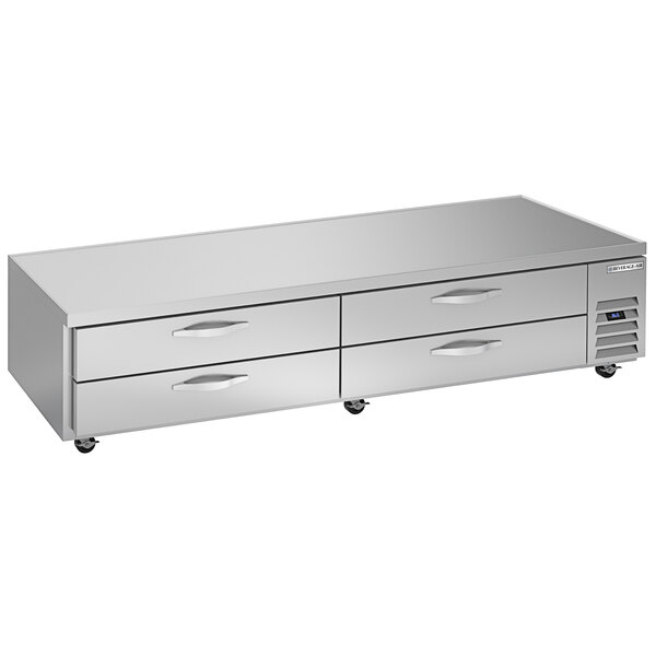 A stainless steel Beverage-Air chef base with drawers.