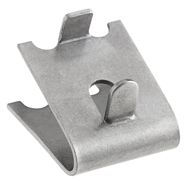 A stainless steel shelf clip with a hole in it.
