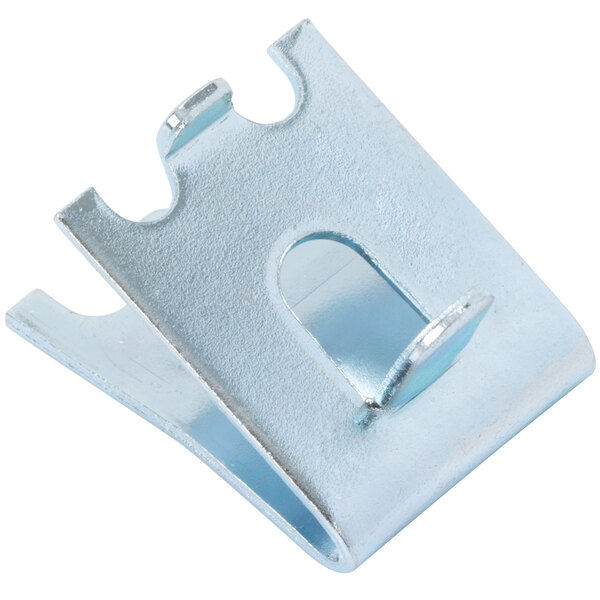 A Beverage-Air metal shelf clip with two holes.