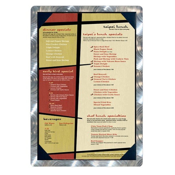 A white Menu Solutions Alumitique menu board with a red and yellow swirl design and picture corners.