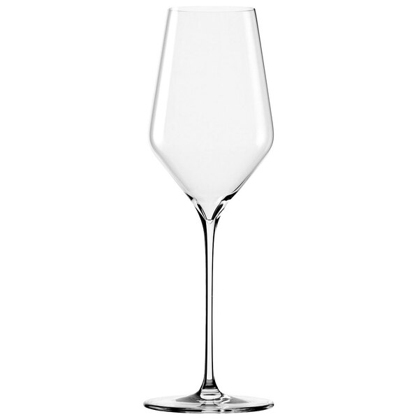 A clear Stolzle white wine glass with a long stem.