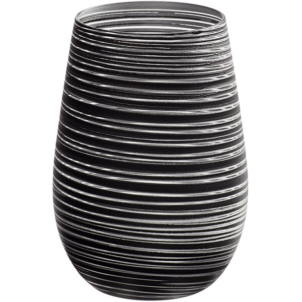A black and silver Stolzle stemless wine glass with a white background.